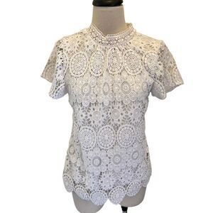 Belldini Women's High Mock Neck Short Sleeve Lined  Floral Lace Top White Small